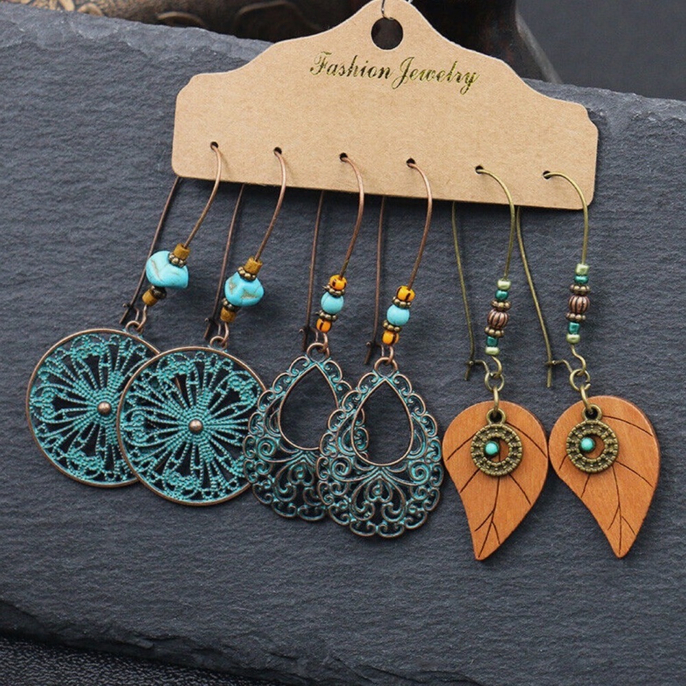 Boho Turquoise and Bronze Colored Earring Set Trio #2036